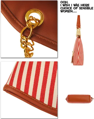 Vista 4 de Bolso de lona para mujer con borlas y rayas, bolso de hombro de gran capacidad