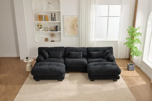 Vista 4 de Sofá modular modular en forma de nube, sofá de 3 plazas tapizado de terciopelo de 3 plazas con 2 otomanas móviles para sala de estar, oficina