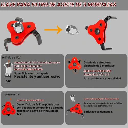 Vista 4 de Juego de 4 piezas de alicates para filtro de aceite, llave de filtro de aceite de 3 mandíbulas con embudo de ajuste para aceite, alicates