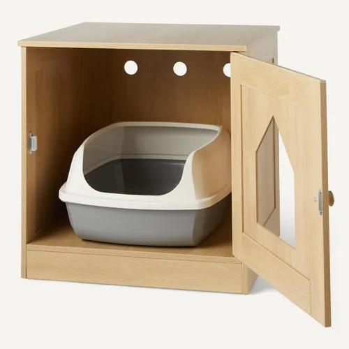 Vista 5 de Amazon Basics Caja de arena para gatos estilo mobiliario, roble