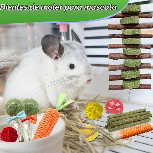 Vista 3 de WDEFUN 21 juguetes masticables de conejo para rechinar dientes, pasteles de heno Timothy naturales para conejito, palitos de madera de manzana