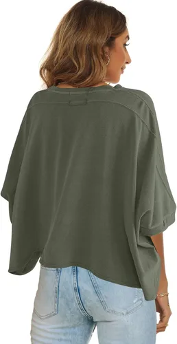 Vista 3 de LAMISSCHE Camiseta corta sexy de gran tamaño con cuello redondo y manga corta para mujer, camisetas básicas sólidas