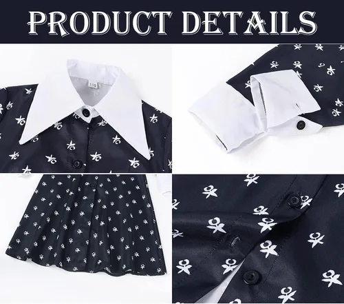 Vista 5 de LAXPOR Disfraz familiar de Wednesday Addams para niños, cosplay, Halloween, vestido floral gótico negro para niñas