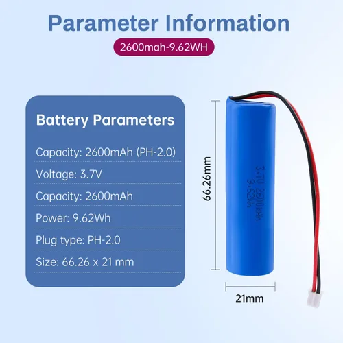 Vista 2 de Batería recargable de iones de litio de 3.7 V 2600 mAh, conector PH2.0 de 2 pines, batería de repuesto para electrónica de bricolaje, juguetes