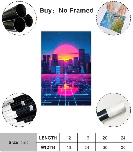 Vista 2 de Cyberpunk - Arte de pared de onda vapor-neón futurista de la ciudad, impresión retro de onda sintética decoración de pared, pinturas al óleo famosas