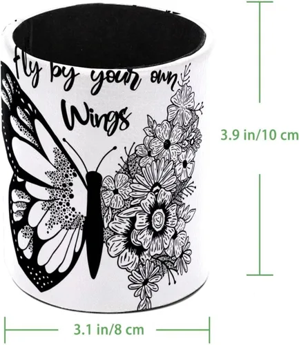Vista 4 de Soporte para bolígrafos de flores de mariposa en blanco y negro, soporte para lápices de cuero de PVC para escritorio, organizador de escritorio