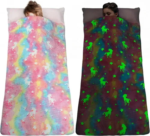 Vista 8 de Saco de dormir para niños que brilla en la oscuridad, para niñas y niños, tapete para siesta de 62 x 28 pulgadas, suave y cómodo para fiestas