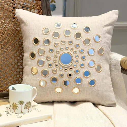 Vista 2 de HomeCentric Funda de almohada geométrica beige, 12 x 12 pulgadas, cuadrado de lino y algodón, círculos contemporáneos de Pascua, círculo de la vida