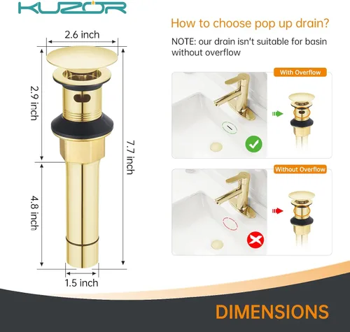 Vista 6 de Desagüe emergente para fregadero de baño con rebosadero - Se ajusta a agujeros de 1-5/8" a 2", acero inoxidable 304 para tocador/fregadero