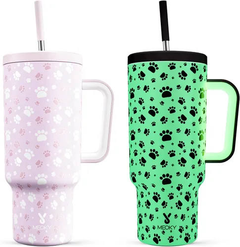 Vista 36 de Meoky - Vaso de 30 oz con asa, tapa y pajilla, taza de viaje térmica de acero inoxidable 100% a prueba de fugas, para portavasos, mantiene el frío