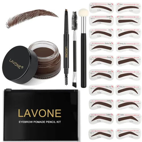 Vista 23 de LAVONE Kit de plantillas para cejas, trío de sellos para cejas con lápiz impermeable, pomada, 20 plantillas, cepillo de doble punta y aplicador