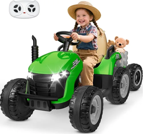 Vista 10 de ANPABO Tractor de paseo de 24 V con remolque inclinable y desmontable, neumáticos EVA, hasta 4.3 Mph, juguetes para montar con control remoto Azul