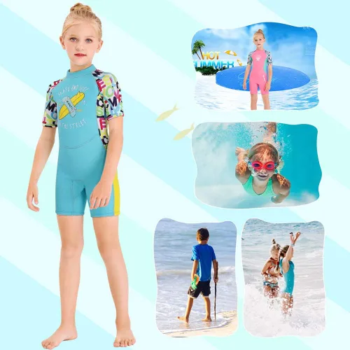 Vista 2 de Traje de neopreno térmico para niños, traje de baño corto de 2.5 mm para niñas y niños, juvenil, adolescente, niño pequeño, traje de baño de una