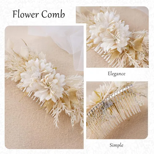 Vista 3 de Peineta de flores para novia - Peineta de flores blancas hecha a mano para accesorios florales para el cabello de boda para novia, dama de honor