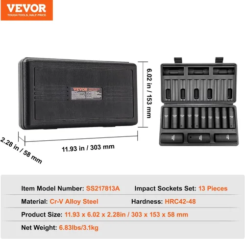 Vista 7 de Vevor - Juego de 13 vasos de impacto de 1/2 pulgada, profundo, de 6 puntas, métrico de 10-24mm, acero de aleación CR-V para reparación