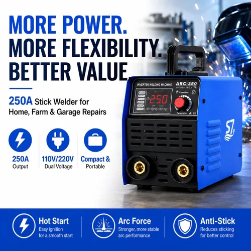 Vista 3 de Soldador de palo 250A 110/220V, máquina de soldadura ARC/Lift TIG con control sinérgico, inversor IGBT, arranque en caliente, fuerza de arco