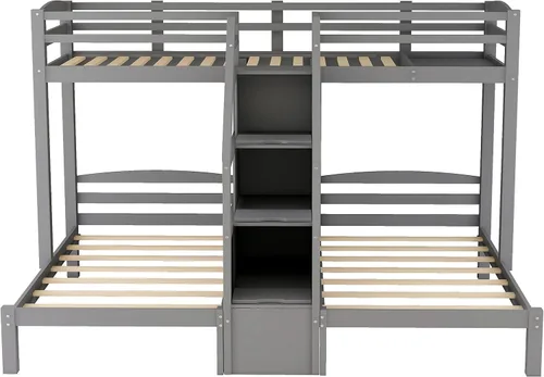 Vista 6 de DEINPPA Litera individual sobre individual e individual con escalera, litera triple de madera con escalera y espacio de almacenamiento integrado