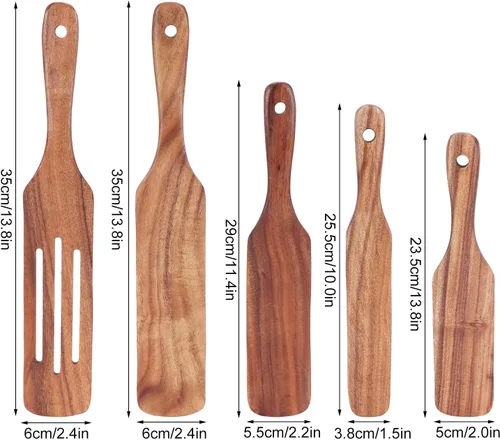 Vista 6 de FLEXMAN 5Pcs Teak Wooden Utensils Set, Multi Functional Wood Cooking Utensils Set, Kitchen Utensils Set, Non Scratch Cooking Utensils for Stir