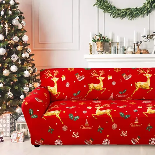 Vista 11 de Mybedsoul Funda de sofá elástica con estampado navideño de Papá Noel, lavable a máquina, temática navideña, color rojo, para sala de estar