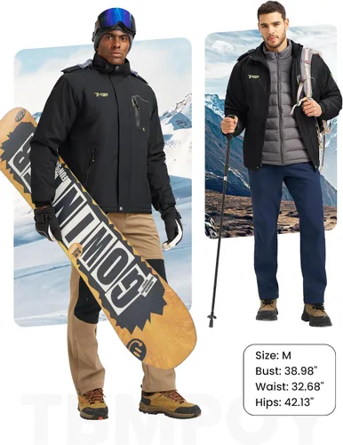 Vista 6 de TBMPOY Chaquetas de esquí para hombre, impermeables, para nieve, forro polar grueso, con capucha, para clima frío, cálido, trabajo en hielo al aire