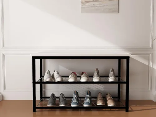 Vista 8 de Zapatero de 3 niveles para entrada, organizador de almacenamiento con dos estantes de hierro y parte superior para tabla, estante para zapatos