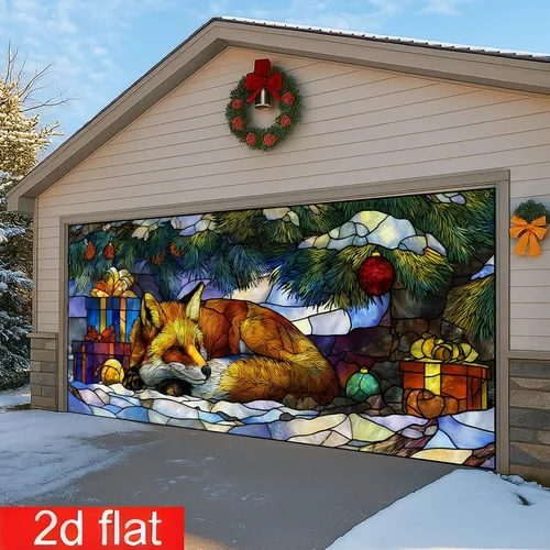 Vista 6 de Cubierta Navideña para Puerta de Garaje, 6 x 13 pies Animales Lindos del Bosque Invernal Zorro, Decoración Navideña para Porche y Patio Exterior