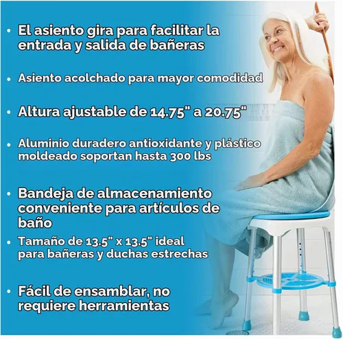 Vista 6 de Carex Taburete de baño y taburete de bañera giratorio fácil – Taburete de ducha, asiento de baño giratorio ajustable y silla de ducha para ancianos