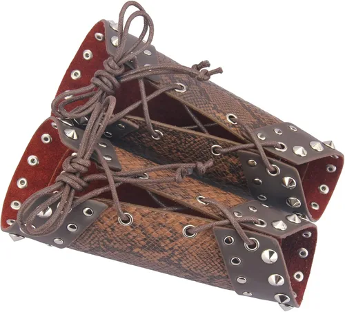Vista 4 de Jeilwiy Pulsera de guante de cuero, brazaletes medievales, muñequera vikinga, caballero LARP, brazos vikingos, disfraz renacentista