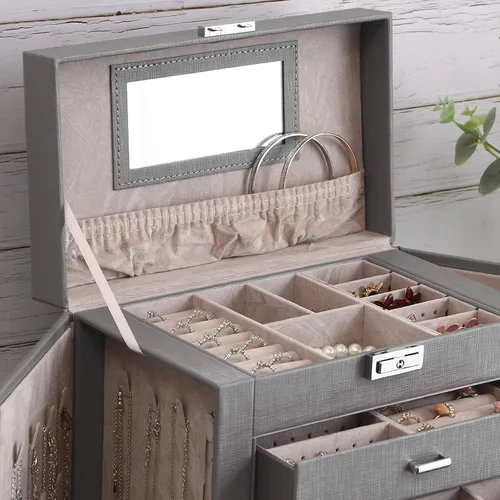 Vista 8 de ANWBROAD Caja de joyería grande de 6 niveles organizador de joyas con cerradura de espejo caja de joyería para niñas aretes anillos collares