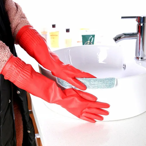 Vista 5 de Guantes de limpieza de goma para cocina, guantes de lavavajillas, 3 pares, impermeables y reutilizables (pequeño)