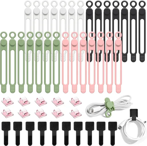 Vista 10 de Kit organizador de cables de 48 piezas, bridas de silicona reutilizables, clips adhesivos fuertes para gestión de cables, gestión de cables