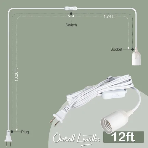 Vista 2 de JACKYLED Cable de extensión colgante para farol, UL 12 pies, E26 E27, interruptor de encendido/apagado, iluminación colgante para cocina