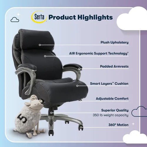 Vista 4 de Silla de oficina Serta grande y alta con capas inteligentes y tecnología de aire, Cuero, Negro