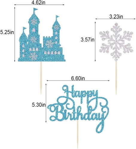 Vista 3 de Decoración de pastel de cumpleaños de castillo congelado, 3 piezas de decoración de pastel temático de invierno del país de las maravillas