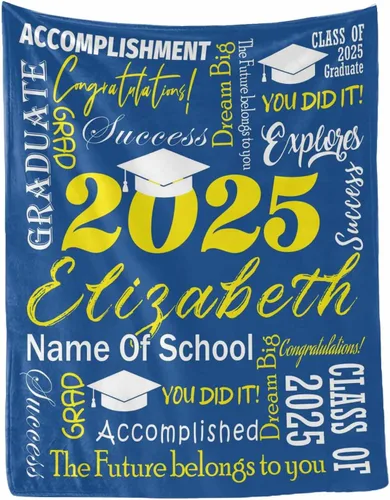 Vista 25 de MyPupSocks Manta personalizada de graduación 2025, clase de con nombre de la universidad, regalos personalizados, manta con texto para sobrina