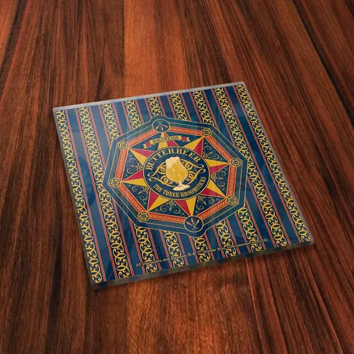 Vista 3 de Harry Potter – Logotipos de cerveza de mantequilla – Juego de cuatro posavasos de cristal de 4 x 4 pulgadas – Viene con un elegante posavasos