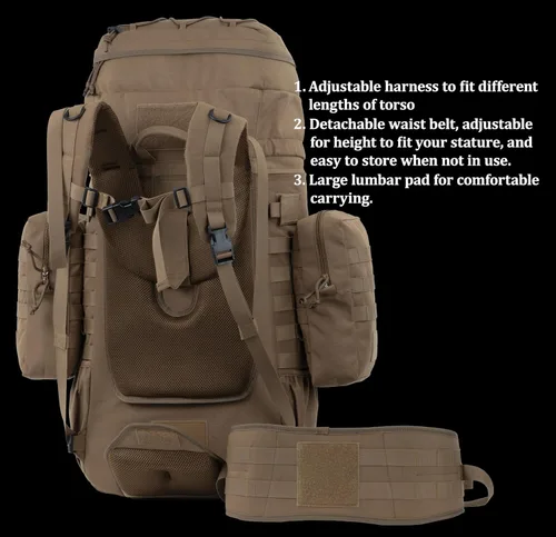 Vista 4 de Mochila táctica 75L con marco interno, MOLLE y sistema de hidratación En Camo