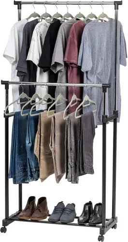 Vista 11 de IRIS USA Perchero portátil de doble barra ajustable con barra extensible y ruedas con bloqueo, ropa rodante, armario de doble barra, fácil