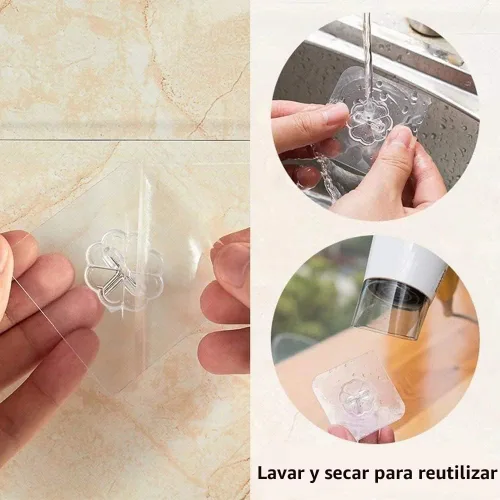 Vista 7 de Ganchos adhesivos transparentes de 30 libras (máximo), impermeables y resistentes al aceite, reutilizables, sin costuras, gancho de pared resistente
