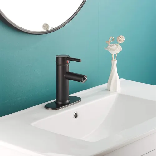 Vista 4 de Grifo de lavabo de baño negro a juego con desagüe desplegable con desbordamiento de una sola manija de un agujero, grifo de baño de latón para baño
