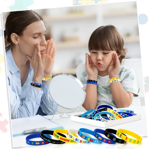Vista 6 de Yinkin 120 pulseras de conciencia sobre el autismo, pulseras inspiradoras para autismo, pulseras motivacionales de silicona coloridas para niños