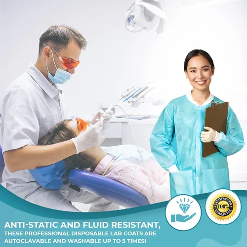 Vista 7 de 10 abrigos de laboratorio desechables Abrigo de laboratorio reutilizable duradero de 1.76 oz SMS hasta la rodilla con puños y bolsillos de punto