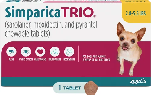 Vista 18 de Simparica Trio (sarolaner, moxidectina y tabletas masticables de pirantel) masticables para perros, 6 mg/tab, 5.6-11 libras, (púrpura), 1 tableta