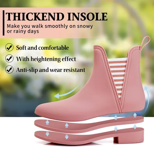 Vista 2 de Hsttgsr Botas de lluvia para mujer, cómodas botas de goma cortas antideslizantes, elegantes botines elásticos de tacón medio para jardín