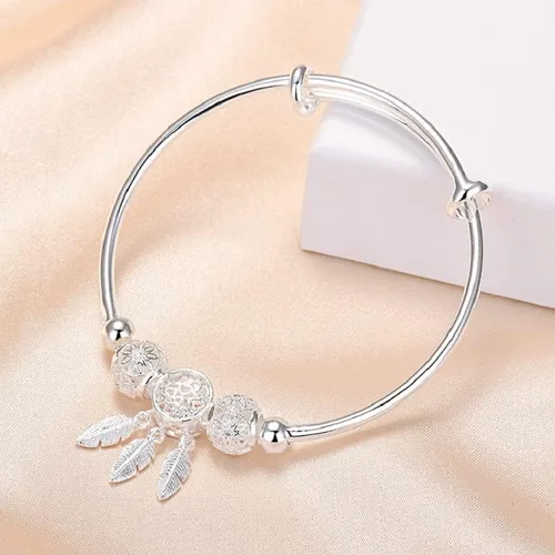 Vista 2 de Harlorki Pulsera ajustable para mujer con colgante de hoja de bola de la suerte 925 chapada en plata
