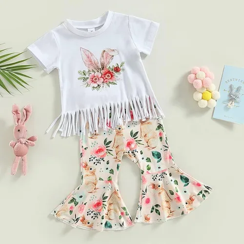 Vista 2 de YINGISFITM Conjunto de 2 piezas de ropa de verano con estampado de conejito de manga corta, camiseta y pantalones de campana para bebé