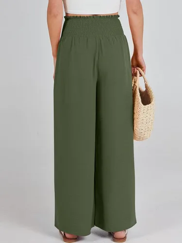 Vista 4 de Caracilia Pantalones de descanso de pierna ancha para mujer con bolsillos, cintura alta, pantalones palazzo largos y fluidos, ajustables, con nudo