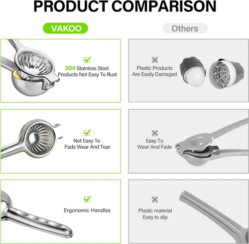Vista 3 de Vakoo Exprimidor de limón - Exprimidor manual de cítricos de acero inoxidable extra grande, resistente, para limón y lima, máxima extracción