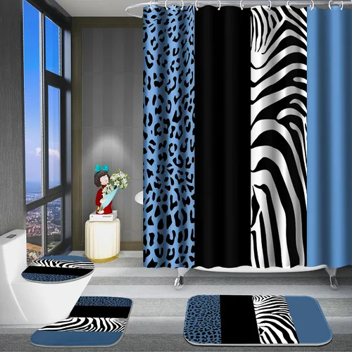 Vista 9 de Poedist - Juego de cortinas de ducha para baño, 4 piezas, diseño de leopardo azul brillante, incluye cortinas de ducha y tapetes para baño