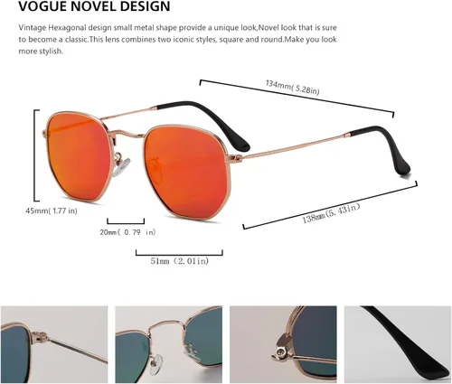 Vista 3 de Hipster. - Lentes de sol polarizados hexagonales para hombre y mujer, diseño geométrico, cuadrados, pequeños, marco de metal vintage, gafas de sol